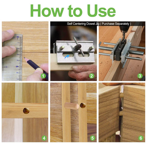 Steps showing installation of Five Sixteenths Inch By One Inch Wooden Dowel Pins, Natural Beech Wood for furniture projects.