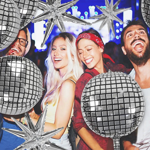 Massive 22 Inch Metallic Silver Disco Balloons With Star Accents 9 Pack For Themed Parties And Celebrations 70s Disco Decor