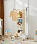 Six Tier Hanging Closet Organizer Shelf With Cloth Fabric And Two Sturdy Hooks Foldable Beige Storage Solution for nursery items.