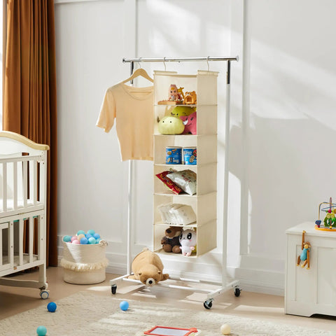 Six Tier Hanging Closet Organizer Shelf With Cloth Fabric And Two Sturdy Hooks Foldable Beige Storage Solution for nursery items.