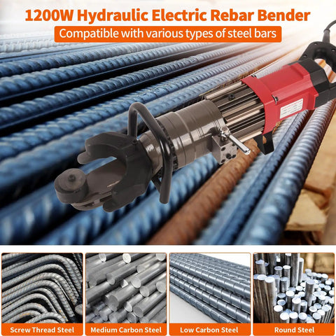Heavy Duty 1200W Electric Rebar Bender Steel Bar Bending Tool 110V Hydraulic Bender with various steel bars.