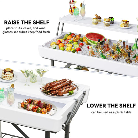 Two Tier Folding Ice Table With Drain And Detachable Skirt, 4 Foot Ice Cooler Table displaying food and drinks at different heights