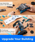 mBot2 Rover STEM Coding Robot Kit For AI Learning, Aluminum Robot With Sensors For Easy To Advanced Projects, Control With Smartphone Or Gamepad Or Auto-Program, Bluetooth And Wifi Enabled, Learn Block-Based To Python Coding, Perfect For Classrooms And assembled blue rover robot on desk