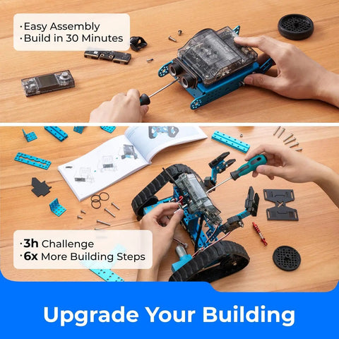 mBot2 Rover STEM Coding Robot Kit For AI Learning, Aluminum Robot With Sensors For Easy To Advanced Projects, Control With Smartphone Or Gamepad Or Auto-Program, Bluetooth And Wifi Enabled, Learn Block-Based To Python Coding, Perfect For Classrooms And assembled blue rover robot on desk