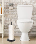 Premium 304 Stainless Steel Toilet Paper Holder With Three Roll Capacity Matte Black Freestanding Stand next to toilet