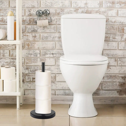 Premium 304 Stainless Steel Toilet Paper Holder With Three Roll Capacity Matte Black Freestanding Stand next to toilet