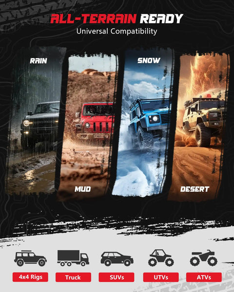 Four vehicles in all-terrain conditions: Rain, Mud, Snow, Desert. Showcasing compatibility with 4x4 Rigs, Trucks, SUVs, UTVs, ATVs.