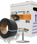 Top Notch Portable Strapping Kit With Half Inch Poly Banding Tool Three Thousand Feet Of Black Packing Seals Self Dispensing Box.