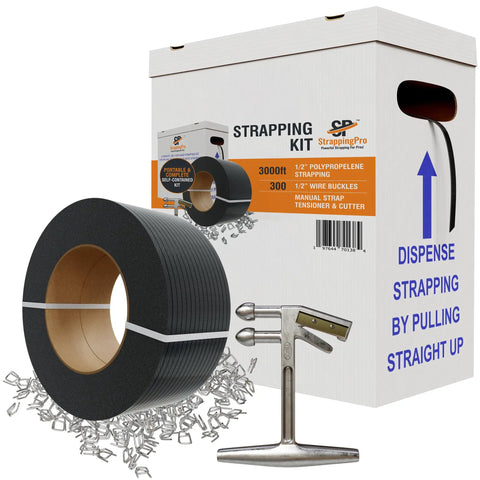 Top Notch Portable Strapping Kit With Half Inch Poly Banding Tool Three Thousand Feet Of Black Packing Seals Self Dispensing Box.