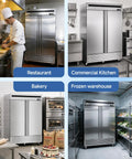 Top Shelf 54 Inch Commercial Reach In Freezer, 49 Cubic Feet Two Door Cold Storage Cabinet in restaurant and bakery settings.