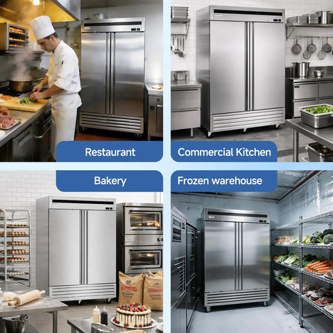 Top Shelf 54 Inch Commercial Reach In Freezer, 49 Cubic Feet Two Door Cold Storage Cabinet in restaurant and bakery settings.