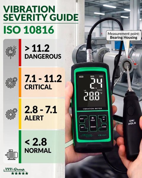 Vibration Meter With Remote Probe VM-424 For Industrial Motors And Gearboxes Measures Acceleration Up To 199.9 m/s2 Velocity Up To 199.9 mm/s Displacement Up To 1.999 mm 10 Hz To 3 kHz Magnetic Sensor For Tight Space Diagnostics. handheld meter on motor bearing housing