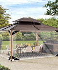 Outdoor gazebo with Heavy Duty Tarp With Grommets 3x6ft 14 Mil Waterproof PVC Vinyl Tarpaulin, covering dining area in garden.