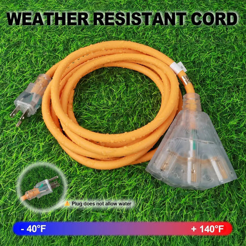 15 Foot Yellow Heavy Duty Extension Cord Built Like A Tank For Rugged Outdoor Work Sites Featuring 14 Gauge Pure Copper Conductors Alongside Six Grounded Receptacles Shrouded In All Weather Sheath With Led Bulb.