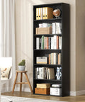 Knockout 6 Tier Bookshelf, Modern Industrial Open Bookcase With Heavy Duty Shelves, 71 Inch Tall Floor Standing Display Rack For Living Room, Office Or Bedroom In Sleek Black Build with books and decor items.