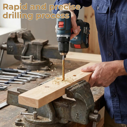 Kickass Titanium Drill Bit Set Eight Piece High Speed Steel Kit With Three To Ten Millimeter Options For Metal Wood And Fasteners For Rock Solid Grip Smooth Hole Cutting And Killer Build For Weekend, drilling into wood.