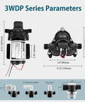 Diagram of 12V RV Water Pump Self Priming With 4 GPM At 45 PSI And Pressure Switch Plug And Play Kit showing dimensions and components like hose adapter and debris filter.