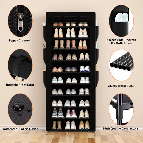 Tall Black 10 Tier Shoe Rack With Six Large Side Pockets 23.6 Inch Wide 11.4 Inch Deep 68.9 Inch Tall Holds 36 To 41 Pairs Of Shoes Ideal Entryway Or Closet Organizer, close-up of features including zipper closure and fabric cover.