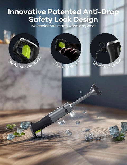 Badass 1200W Immersion Blender With Pure Copper Motor And Six Blade Handheld Mixer featuring an ergonomic grip and safety lock design.