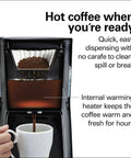 One Press Programmable Dispensing Drip Coffee Maker With Internal 12 Cup Brew Pot And Water Reservoir No Carafe Design Keeps Coffee Fresh Longer Without Burning Or Scorching Black With Chrome Finish dispensing coffee into mug