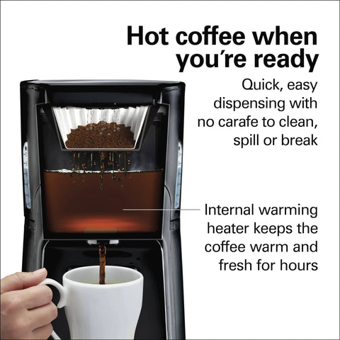 One Press Programmable Dispensing Drip Coffee Maker With Internal 12 Cup Brew Pot And Water Reservoir No Carafe Design Keeps Coffee Fresh Longer Without Burning Or Scorching Black With Chrome Finish dispensing coffee into mug