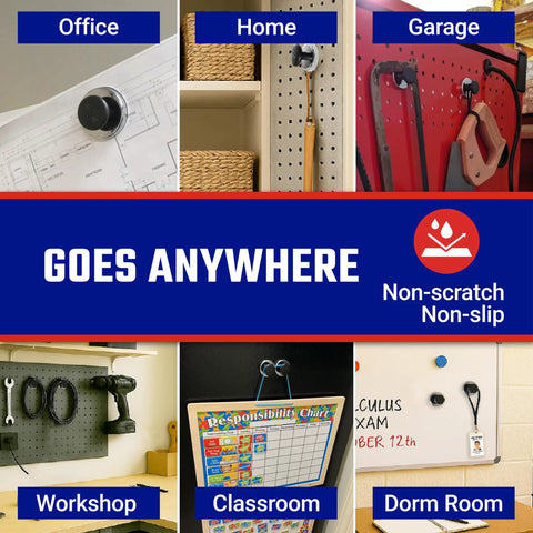 Heavy Duty Round Base Magnets with Knobs Pack Four for home, office, classroom, and workshop, non-scratch design in use