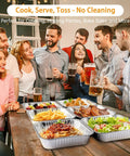 Friends enjoying food from 20 Pack 8x8 Aluminum Pans With Lids For Baking Roasting And Reheating Heavy Duty Square Foil Pans.