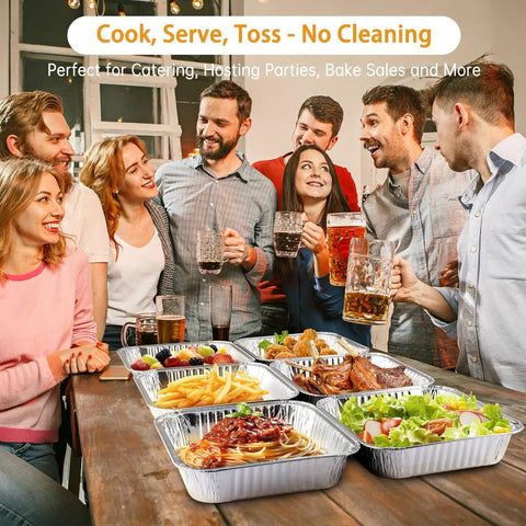 Friends enjoying food from 20 Pack 8x8 Aluminum Pans With Lids For Baking Roasting And Reheating Heavy Duty Square Foil Pans.