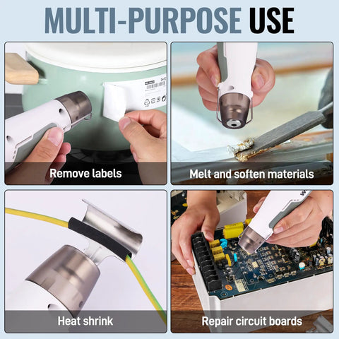 Cordless Mini Hot Air Gun For DIY Crafts USB C Rechargeable 4000mAh Battery 1.5 Second Fast Heating Three Temperature Settings Cool 572 F 842 F Go To Resin Art Vinyl Projects And Heat Shrink shown removing labels, softening materials, heat shrinking, and repairing circuit boards