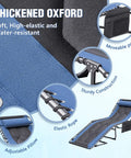 Close-up of blue 4 Fold Padded Portable Outdoor Chaise Lounge Chair with Pillow and Side Pocket showcasing Oxford fabric and construction details.