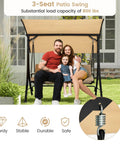 Family sitting on 3-Seat Outdoor Porch Swing With Adjustable Canopy And Weatherproof Cover, thick cushions, sturdy metal frame