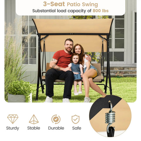 Family sitting on 3-Seat Outdoor Porch Swing With Adjustable Canopy And Weatherproof Cover, thick cushions, sturdy metal frame