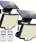 Outdoor Solar Flood Lights With Motion Sensor, 106 LED 3000LM, showing front view with remote and panel, 2-pack