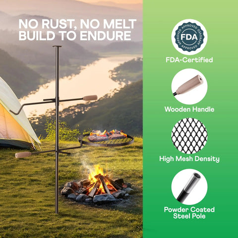 Swivel Campfire Grill Heavy Duty Fire Pit Grate 360 Degree Adjustable Steel Cooking Rack next to a campfire in the outdoors.