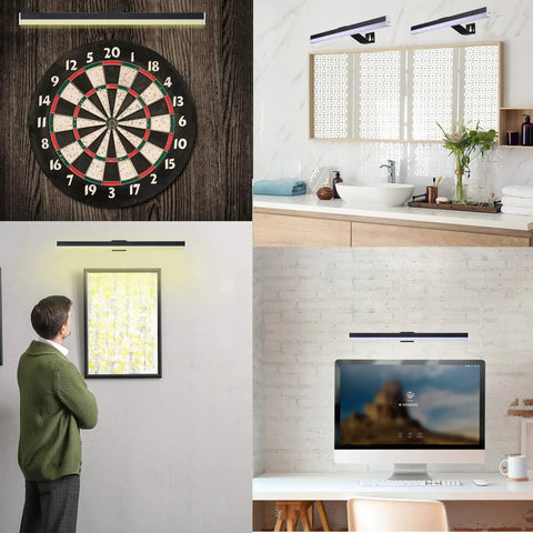 Must-Have Rechargeable 22 Inch Picture Light With Remote illuminating art, dartboard, mirror, and desk area in various settings