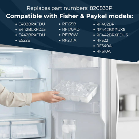 Person using White Refrigerator Ice Maker Assembly 820833P Replacement Kit for freezers with ice tray in hand, Fisher & Paykel compatible