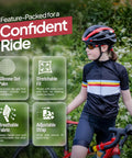 Child wearing black cycling outfit and Kids Cycling Gloves With Non Slip Palm Grip Half Finger Design For Boys And Girls by a bike outdoors.
