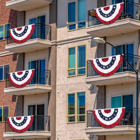 Totally Patriotic 3x6 Ft Pleated Fan Flags Set Of 4 For Fourth Of July And Memorial Day Durable Polyester With Brass Grommets on balconies