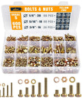 600 Piece Hex Bolt and Nut Set With Grade 5 Yellow Zinc Plated 1/4 20 5/16 18 3/8 16 Bolts And Nuts Plus Flat And Spring Washers Case Included For DIY Projects And Professional Work From ALBO.