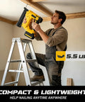 Zero Sweat 2 In 1 Cordless Brad Nailer Compatible With 20V Lithium Ion Batteries featuring a man on a ladder nailing wood.