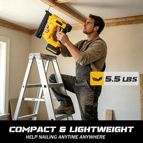 Zero Sweat 2 In 1 Cordless Brad Nailer Compatible With 20V Lithium Ion Batteries featuring a man on a ladder nailing wood.
