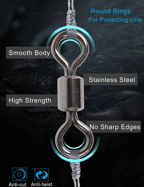 Close-up of stainless steel swivel from 210 Piece Rolling Bearing Snap Connector Swivels Set, showing smooth, high strength design.