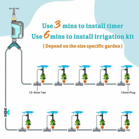 WiFi Sprinkler Timer With 1666 Feet RF Gateway For Garden And Lawn installation diagram with brass inlet and irrigation setup.