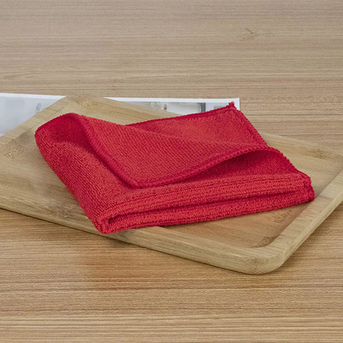 Red Ultra Soft Microfiber Cleaning Cloth on wooden surface, part of 5 Pack 11.8 By 11.8 Inches Highly Absorbent Reusable Rags.