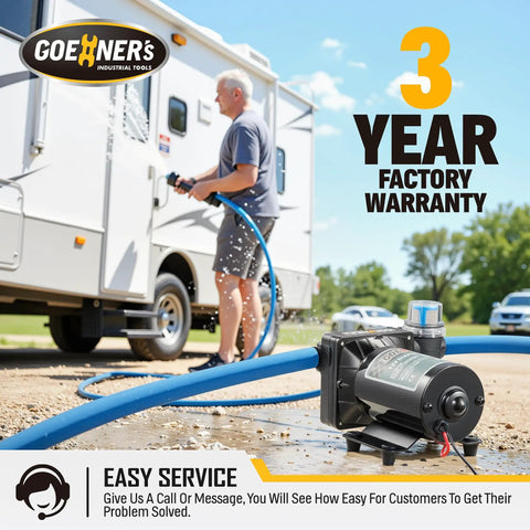 Man using 12V DC RV Fresh Water Pump 6 GPM 70 PSI Self Priming Diaphragm With Pressure Switch And Strainer for RV camper