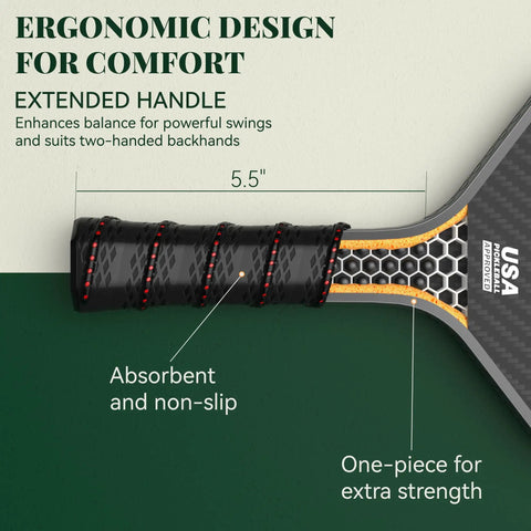 Raw Carbon Fiber Paddle Face Pickleball Paddle With 16mm Power Polymer Core showing ergonomic handle design and grip details.