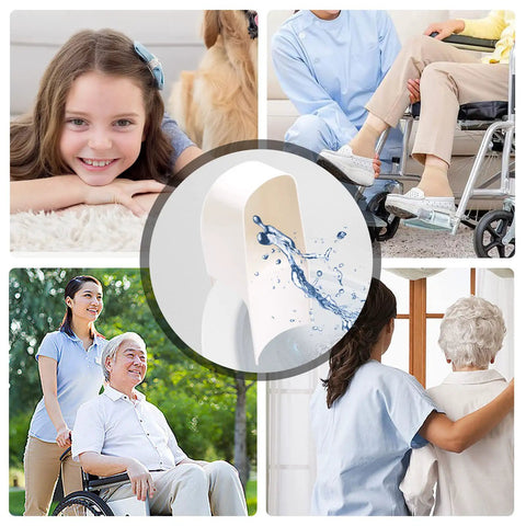 Toilet Splash Guard Urine Diverter No Splash Pee Guard with diverse users including elderly and children background