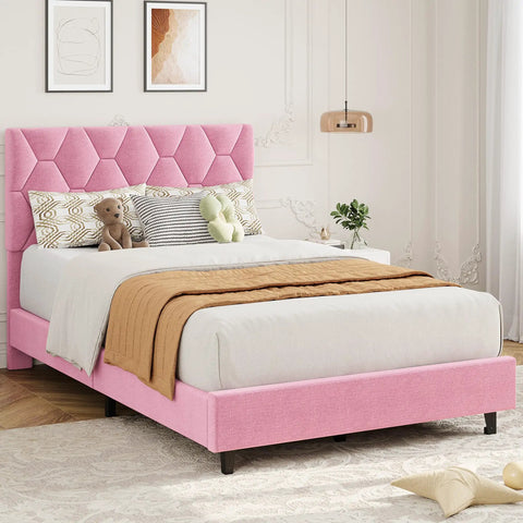 Chic Pink Twin Bed Frame With Plush Upholstered Headboard And Heavy Duty Platform Base Featuring Tough Wooden Slats For Zero Creak Nights Set Up In A Flash No Box Spring Needed For A Cozy Room Glow Up