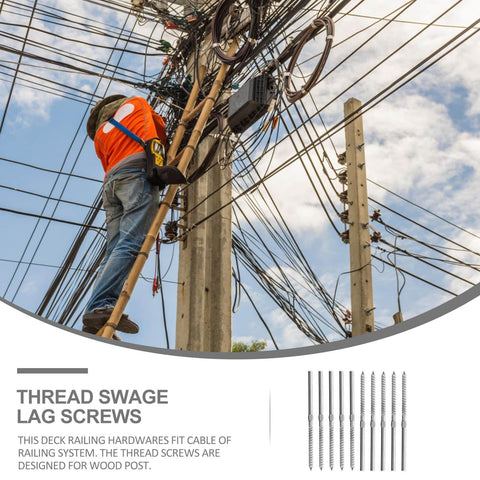 Worker on utility pole near image of Stainless Steel Lag Screws For Deck Cable Railing Hardware Left And Right Threaded Screws