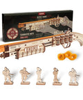 3D Wooden Puzzle Rubber Band Gun Kit For Adults And Teens Buildable Toy Shotgun Model, box with wooden shotgun parts and rubber bands
